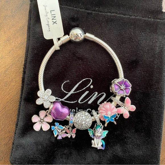 Linx Silver Snake Chain Bracelet with Butterfly Flower and Dragon Themed Charms